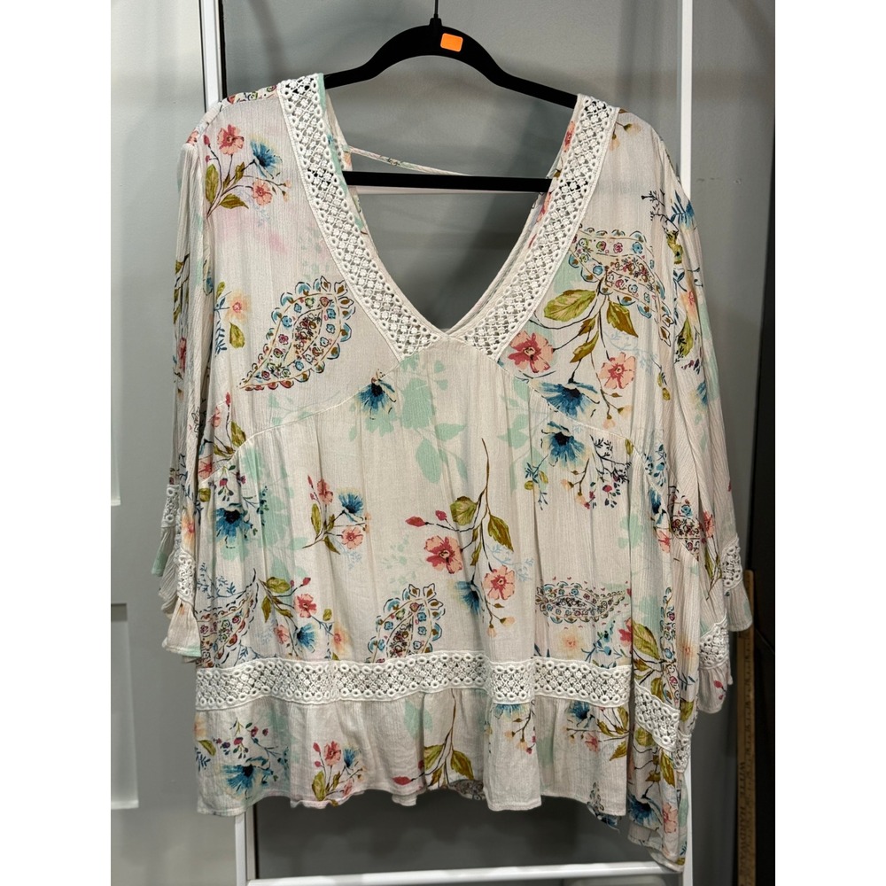 DR2 by Daniel Rainn Floral Paisley Crochet Lace Trim Blouse 3X Cottagecore Boho